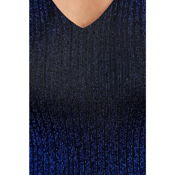 Women's Lulus Blue and Black Metallic Ribbed V-Neck Jumpsuit - Picture 3 of 11